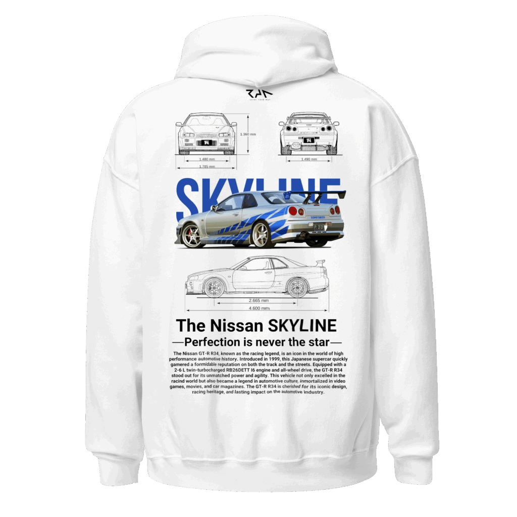 Hoodie blanca NISSAN SKYLINE GTR 34.Espalda