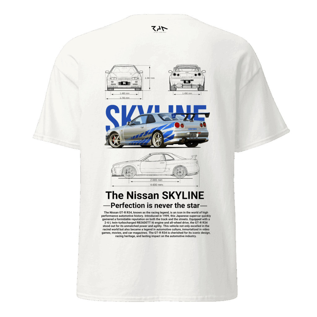 Playera blanca NISSAN SKYLINE GTR 34.Espalda