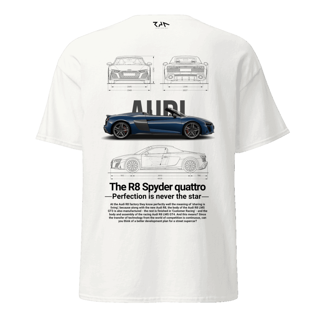 Playera blanca AUDI R8 SPYDER QUATTRO.Espalda