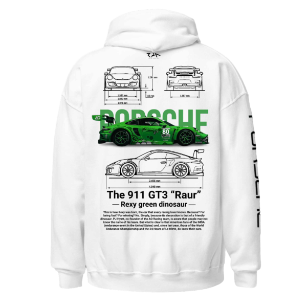 Hoodie blanca PORSCHE 911 GT3 R REXY LEMANS Espalda